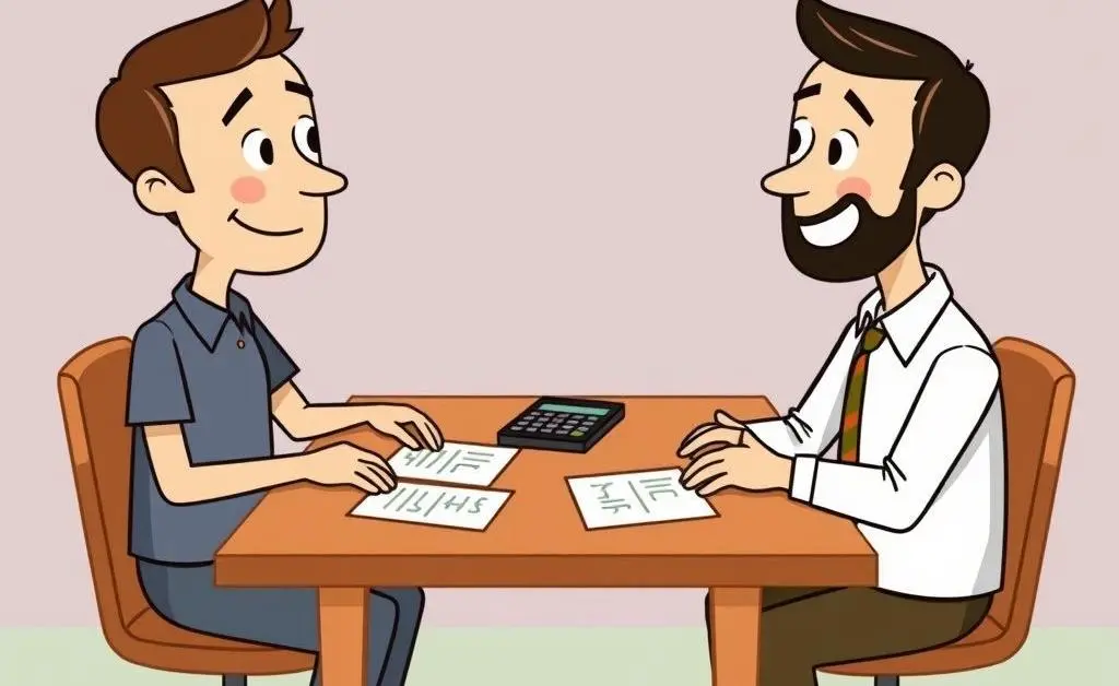 Two cartoon characters sitting at a table discussing mortgage terms, with papers and a calculator between them.