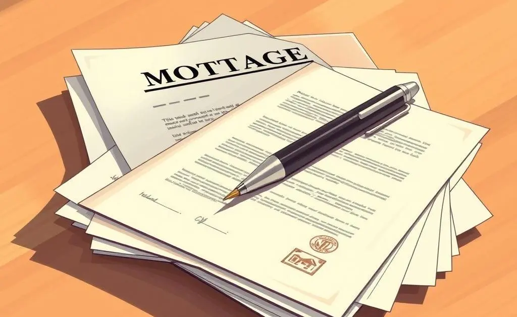 Illustration of a stack of paper documents with a pen, representing mortgage paperwork