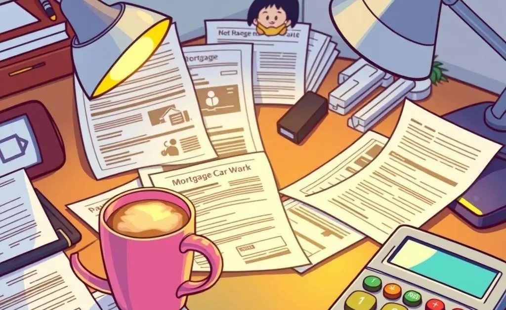 Mortgage documents on a desk with coffee and a calculator