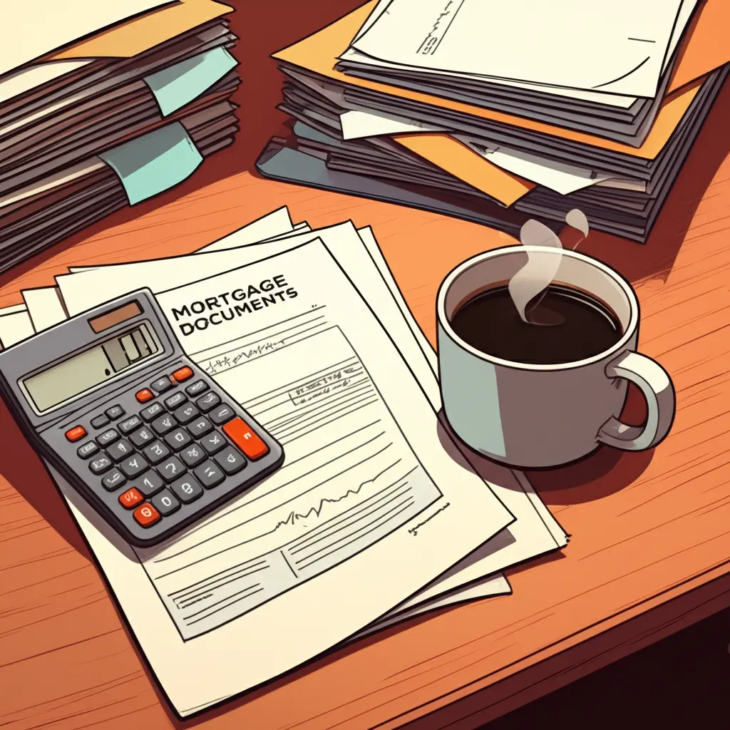 A cartoon-style illustration of a desk cluttered with mortgage documents, calculator, and a cup of coffee.