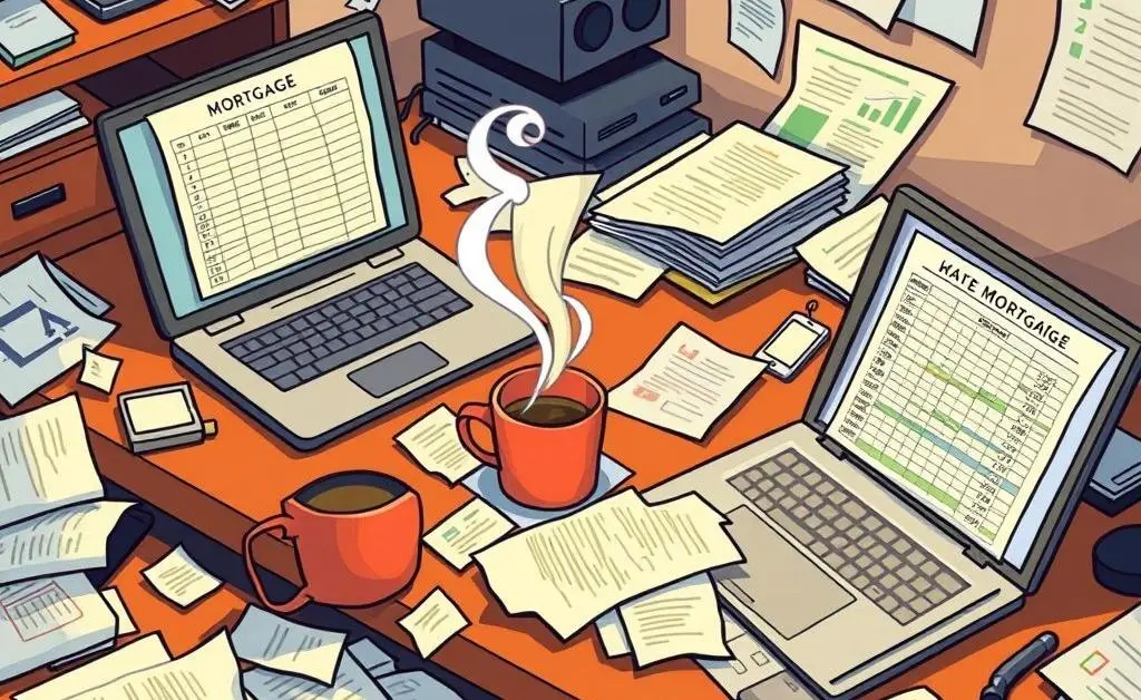 Desk with mortgage documents and a laptop