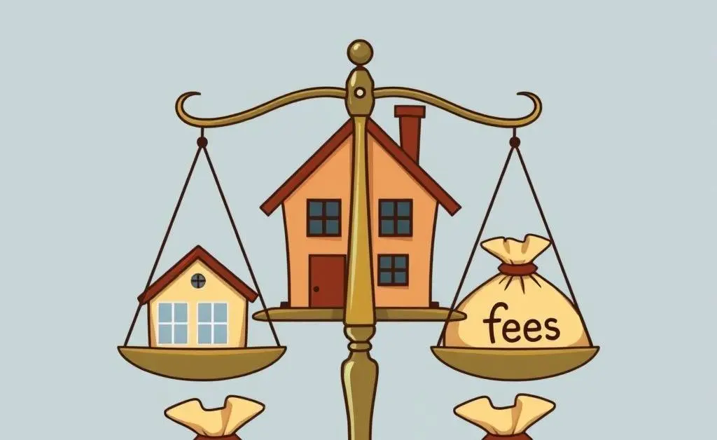 Scales balancing a house and moneybags labeled 'fees'.