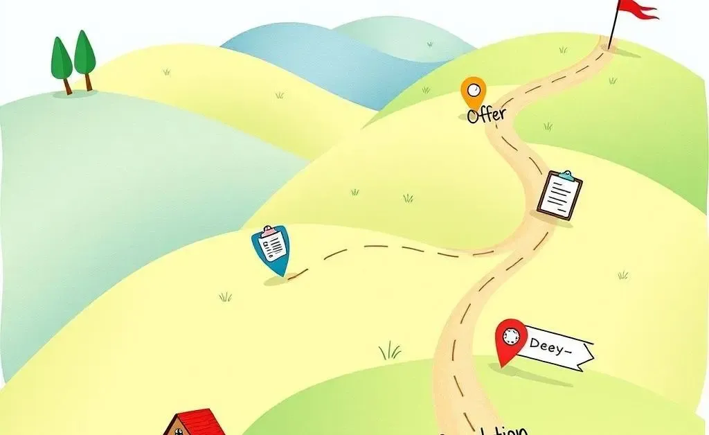 A roadmap with milestones labeled 'Offer', 'Survey', 'Deed', and 'Completion'