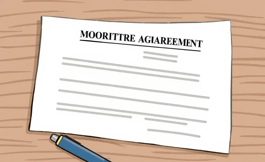 Illustration of a mortgage agreement on a wooden table with a pen beside it.