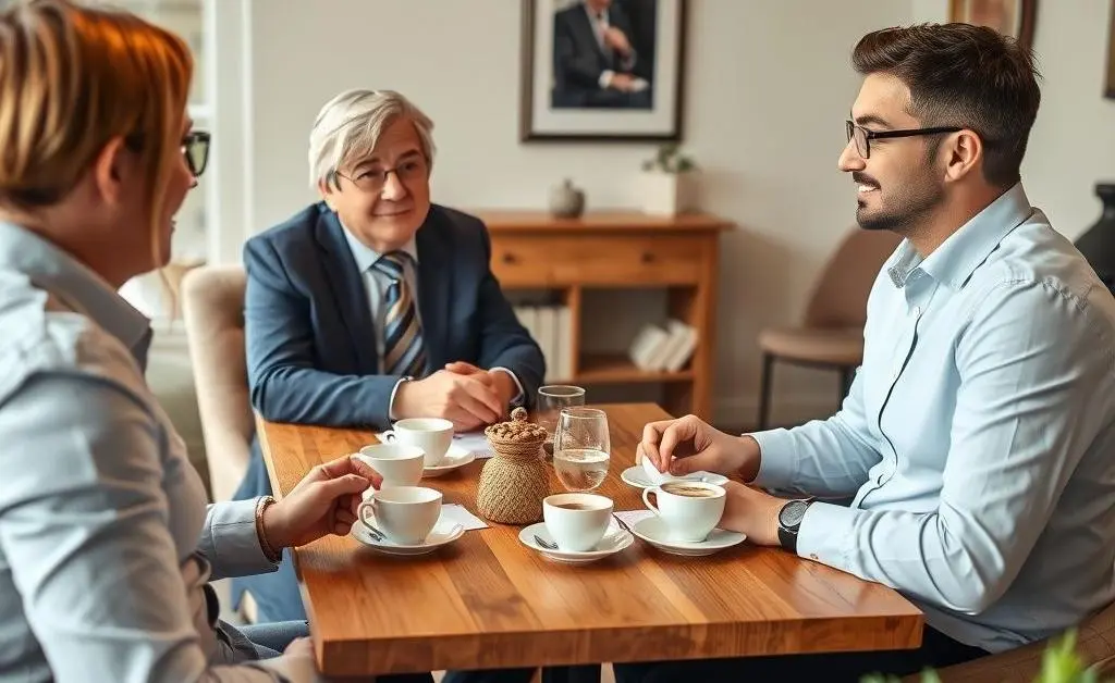 People comfortably conversing with a mortgage advisor over tea