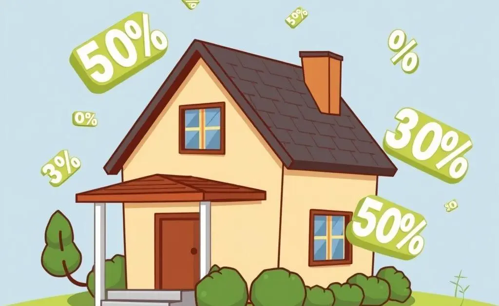 Cartoon-style depiction of numbers and percentages floating around a house, symbolizing mortgages