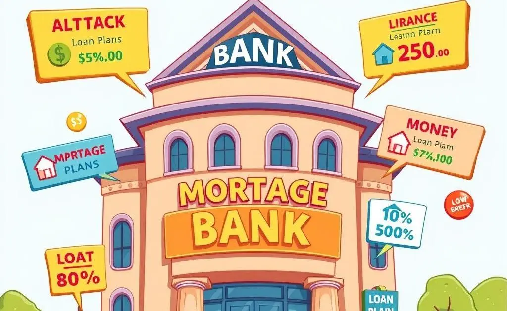 Cartoon-style illustration of a bank building with different mortgage options highlighted.