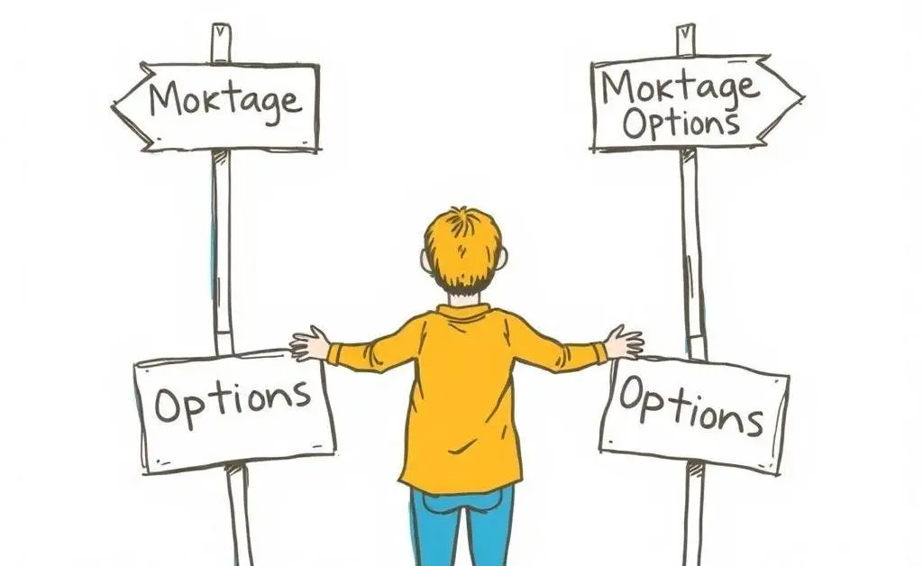 Person at a crossroads with signs labeled 'Mortgage Options'