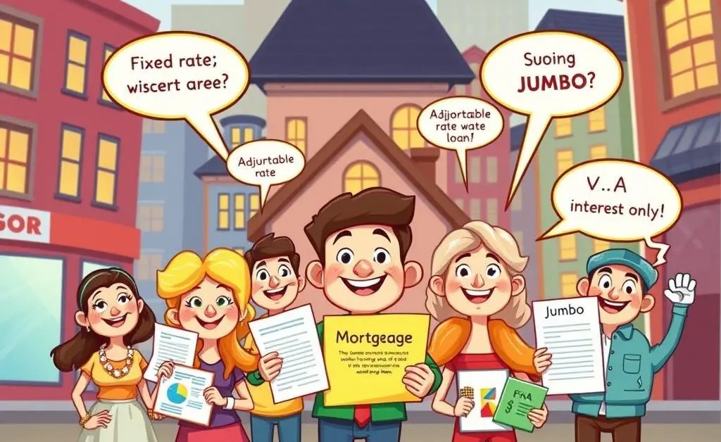 An engaging list of different mortgage options in a cartoon-style illustration.