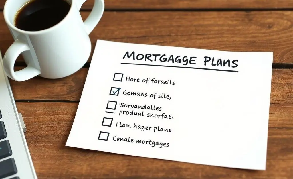 A hand-drawn list of mortgage options with checkmarks, sitting on a wooden desk with a coffee cup beside it.