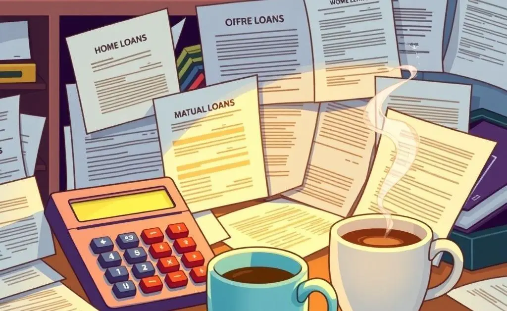 A desk cluttered with mortgage documents, a calculator, and a steaming cup of coffee.