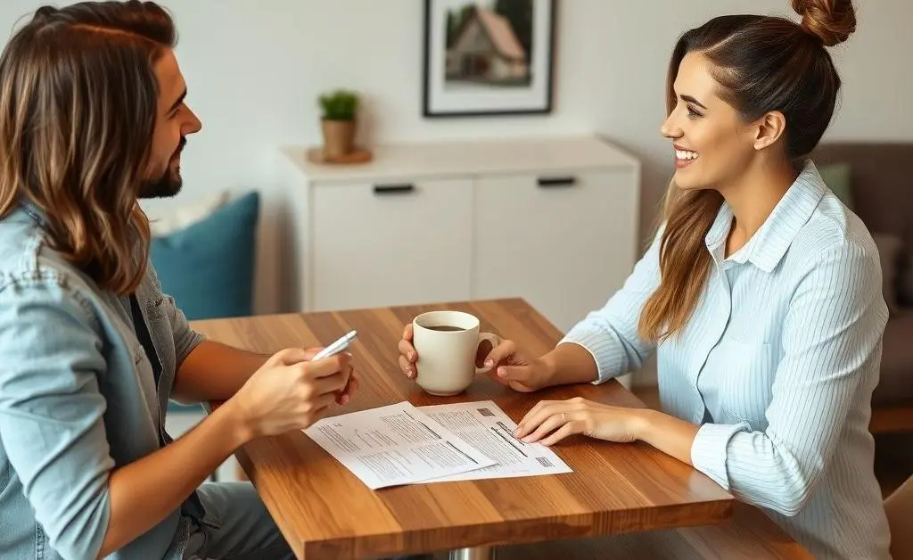 Two friends discussing mortgage options over coffee