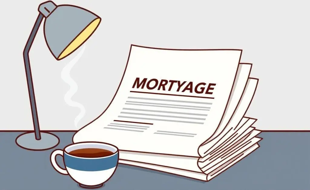 A stack of mortgage paperwork on a desk with a cup of coffee.