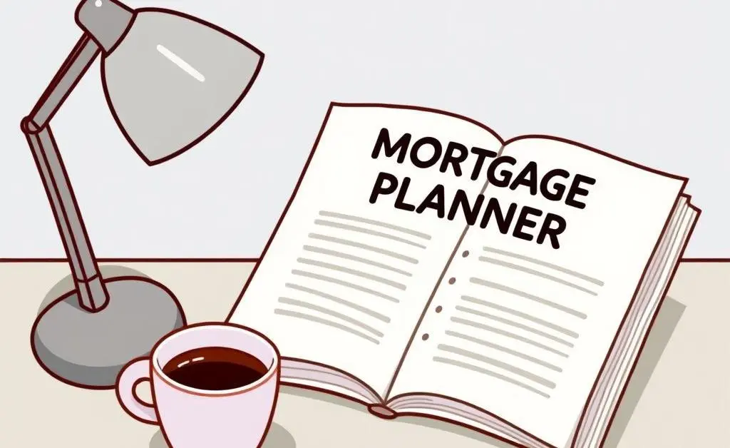 A desk with a mortgage planner open, coffee cup, and calculator.