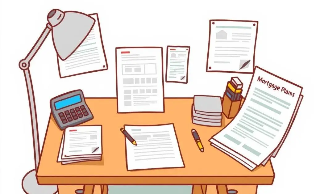 A desk with mortgage plans and a calculator