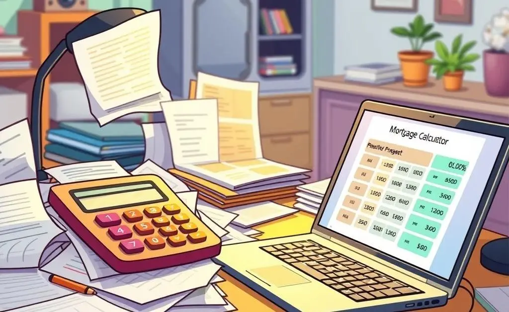 A desk cluttered with mortgage documents, a calculator, and a laptop displaying a mortgage calculator.