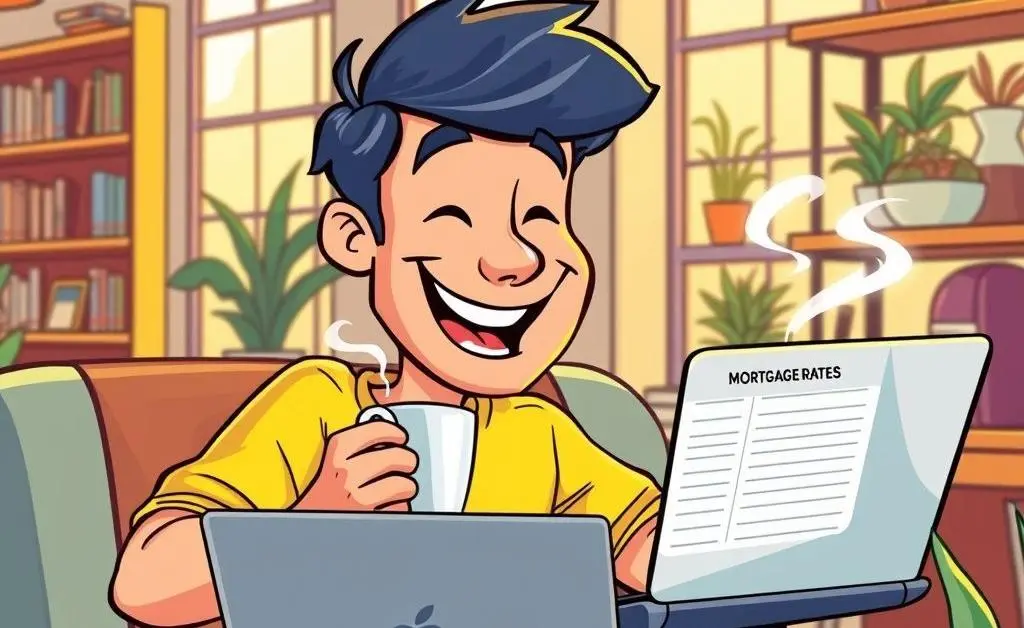 Cartoon image of a person cheerfully comparing mortgage rates on a laptop while enjoying coffee.