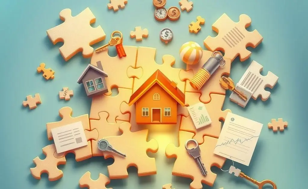 Illustration of a puzzle with mortgage-related elements fitting together