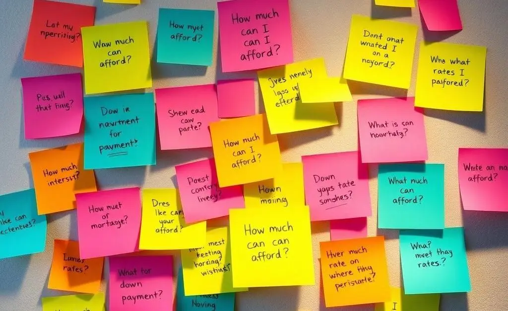 Sticky notes with mortgage-related questions.