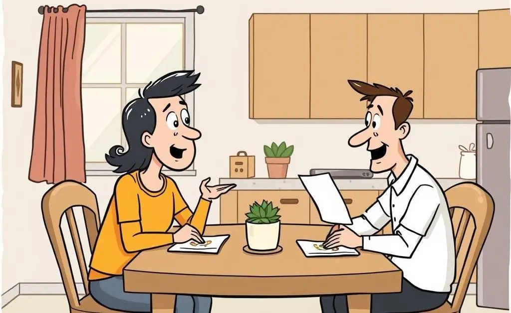 Cartoon of two people sitting at a desk covered in papers, discussing mortgage terms.