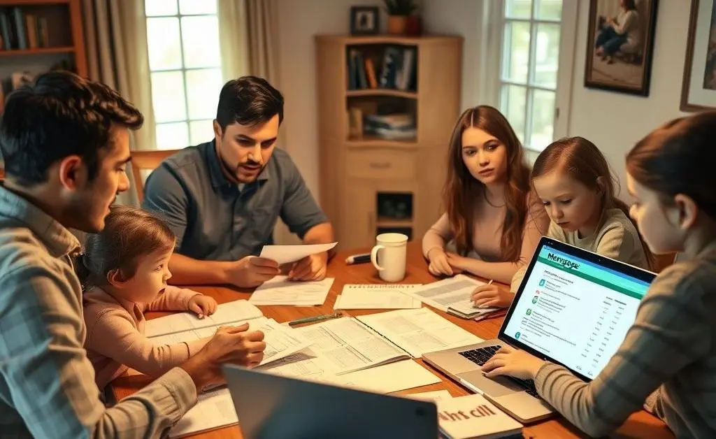 Family sitting around a table with a list of mortgage questions