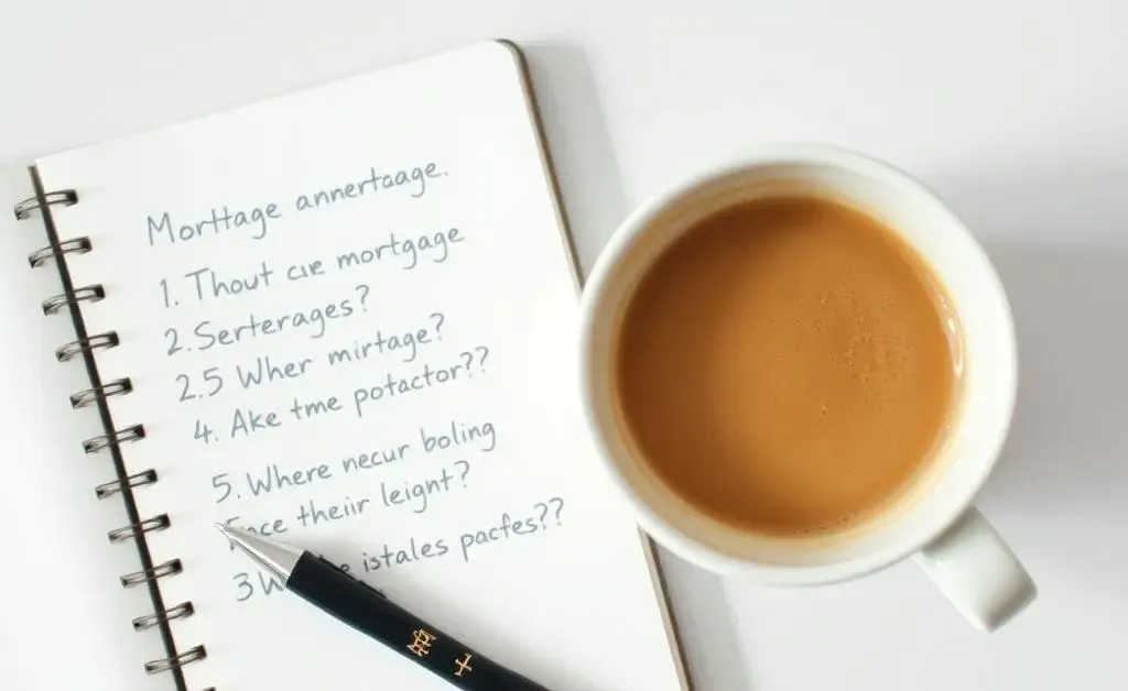 A notebook with handwritten mortgage questions and a cup of coffee