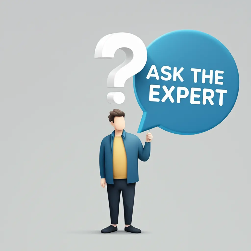 An illustrated image of a person with a question mark over their head, holding an 'Ask the Expert' balloon