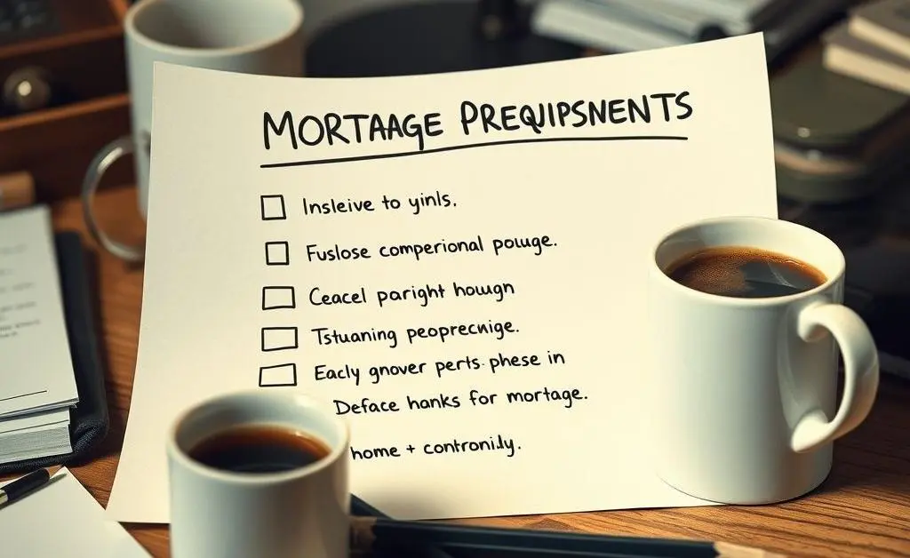 A mortgage requirements checklist with a pencil and coffee cup on a desk.