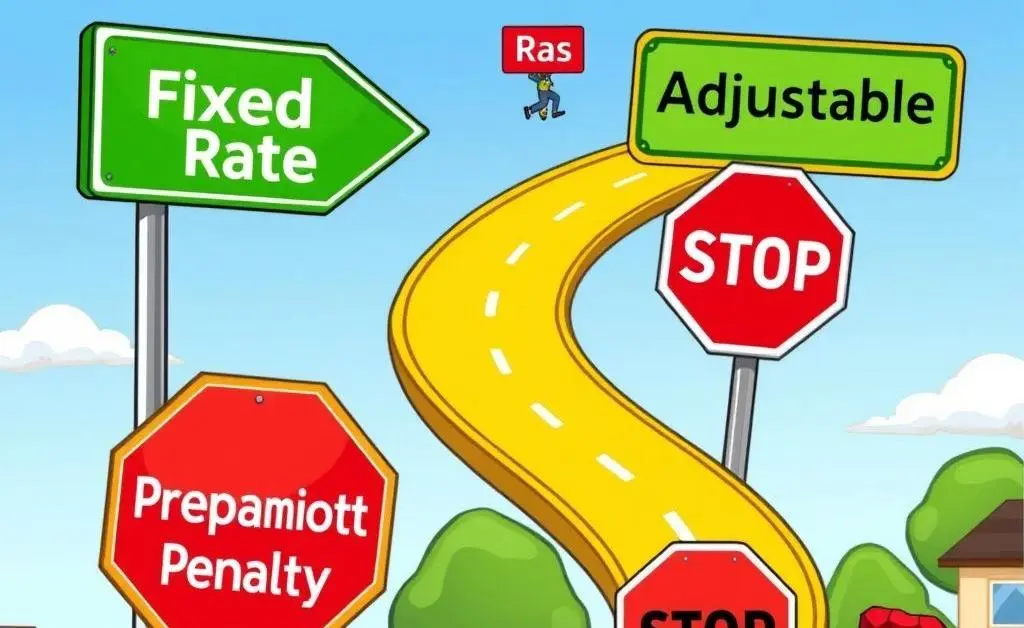 Cartoon image of road signs illustrating different mortgage terms and options