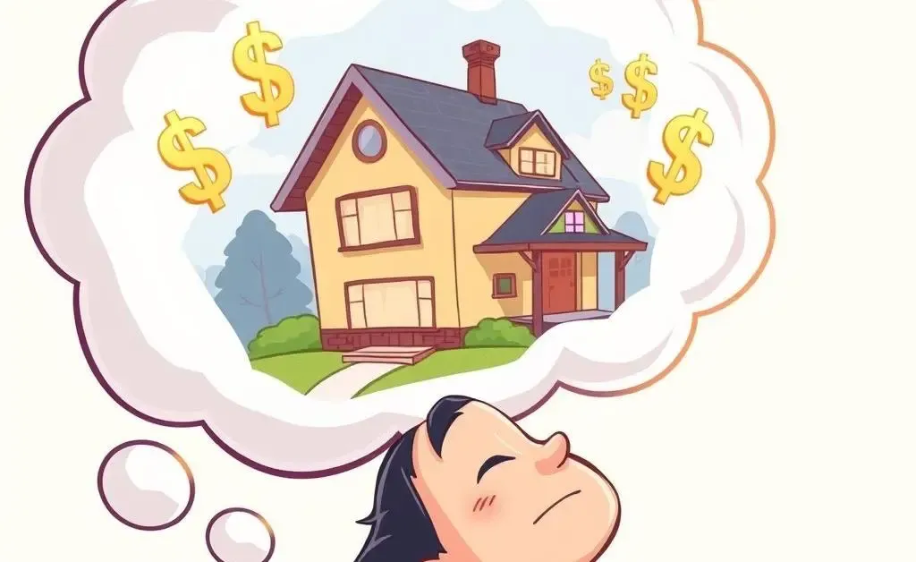 A person daydreaming with a thought bubble containing a house and dollar signs