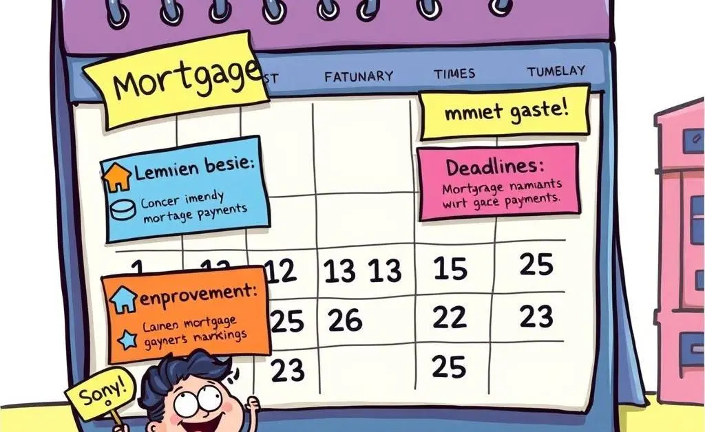 A cartoon calendar with important dates for mortgage and employment changes.