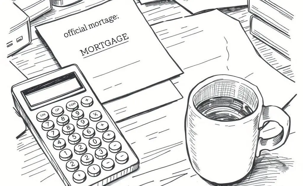 A hand-drawn image of a desk with mortgage documents, a calculator, and a cup of tea