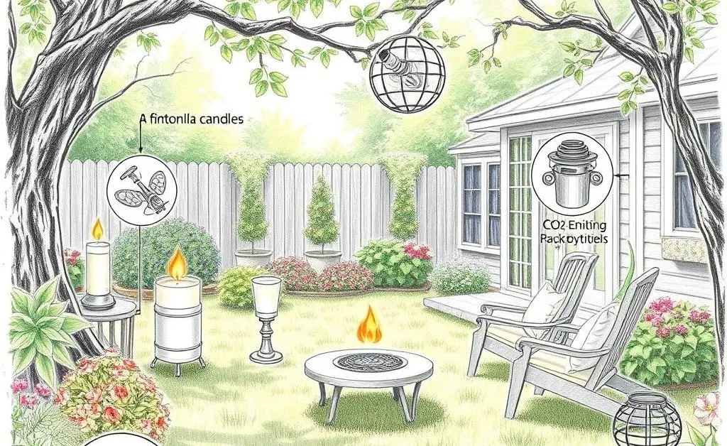 A hand-drawn illustration showing different types of mosquito traps and how they work in a backyard setting.