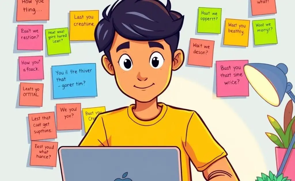 A person seated at a laptop with motivational post-its on the wall behind, cartoon-style