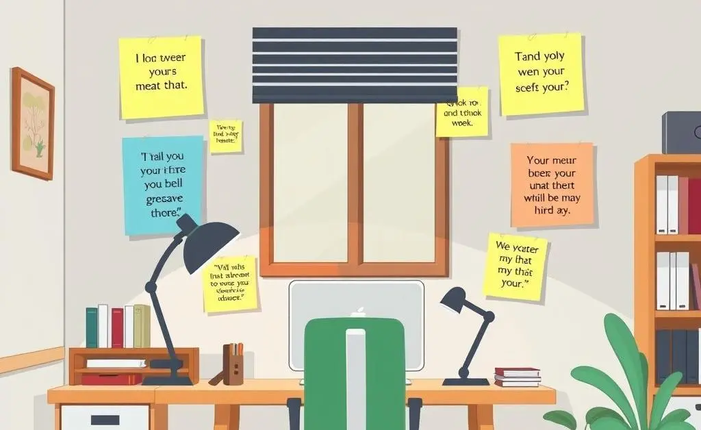 A cartoon-style image of a home office with motivational quotes on sticky notes on the wall.