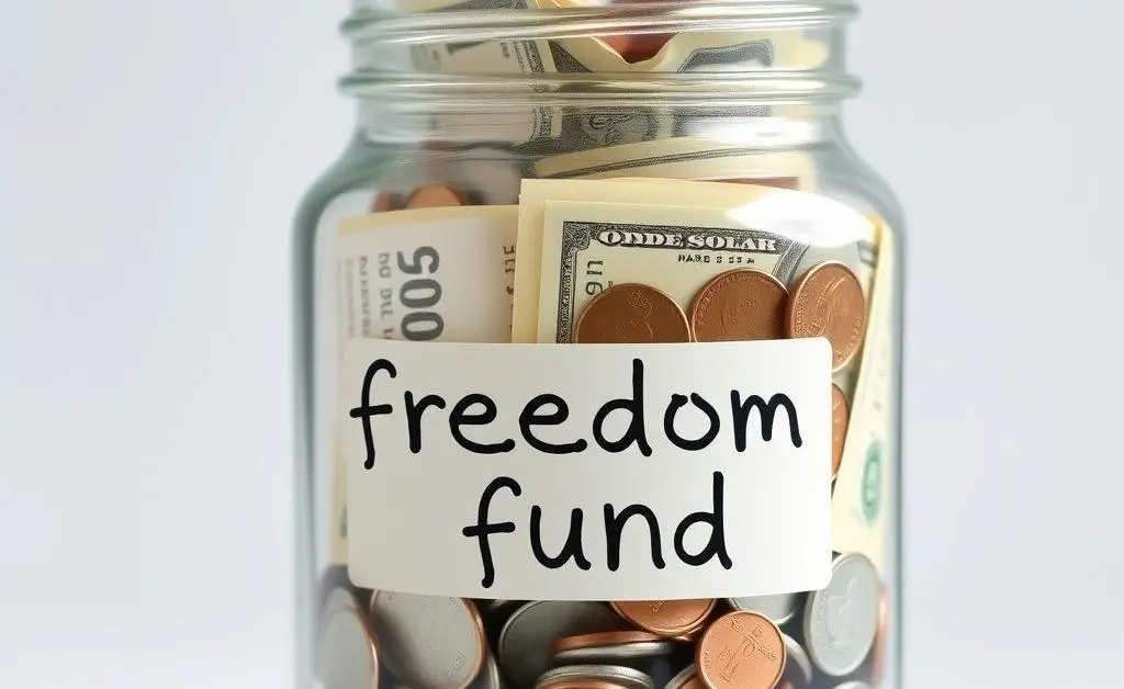 A clear jar filled with savings notes and coins labeled 'freedom fund'