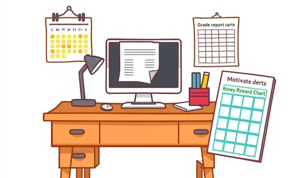 A desk with motivational tools like a calendar, a grade report, and a money reward chart