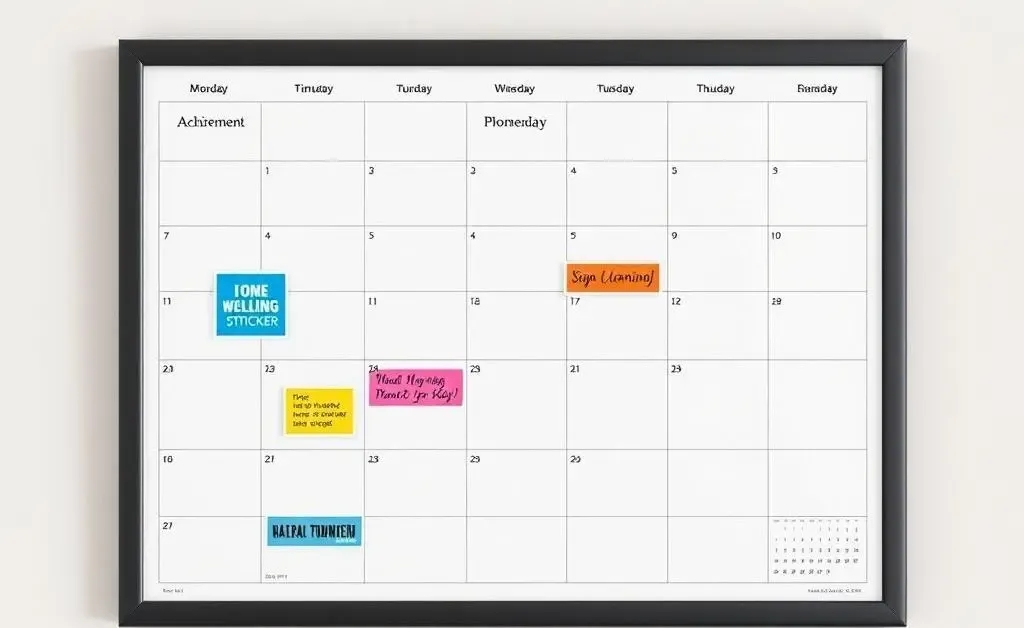Motivational wall calendar with goal deadlines marked.