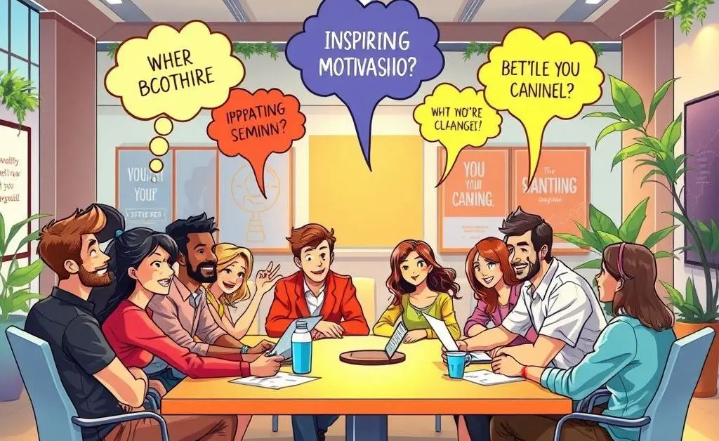 A group brainstorming at a motivational workshop, with idea bubbles above their heads.