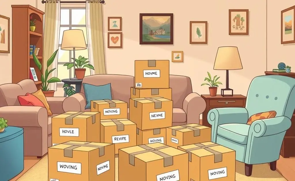 Cartoon-style image of labeled moving boxes in a cozy room.