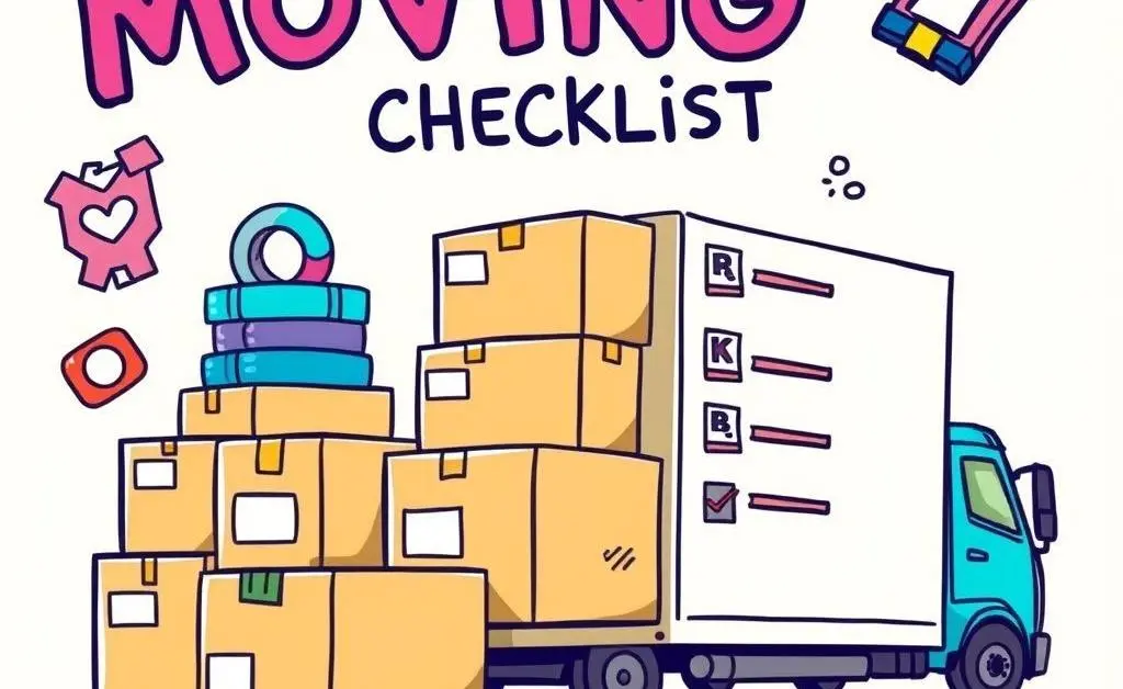 A cartoon-style illustrated moving checklist with items like boxes, tape, labels, and a moving truck