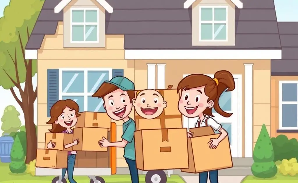Cartoon-style moving day with boxes and happy new homeowners.