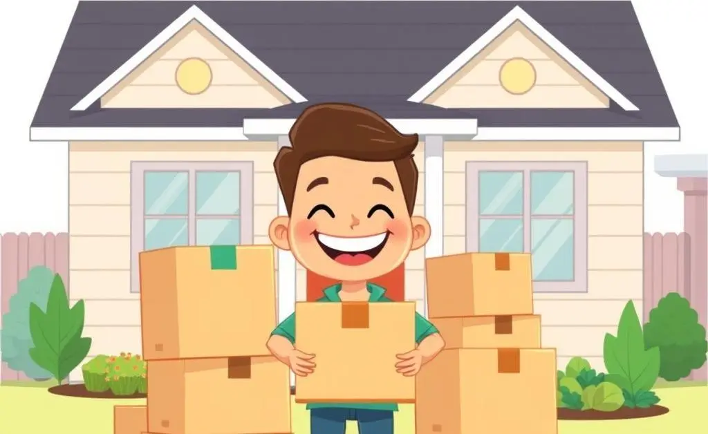A happy person with moving boxes in front of a new house.