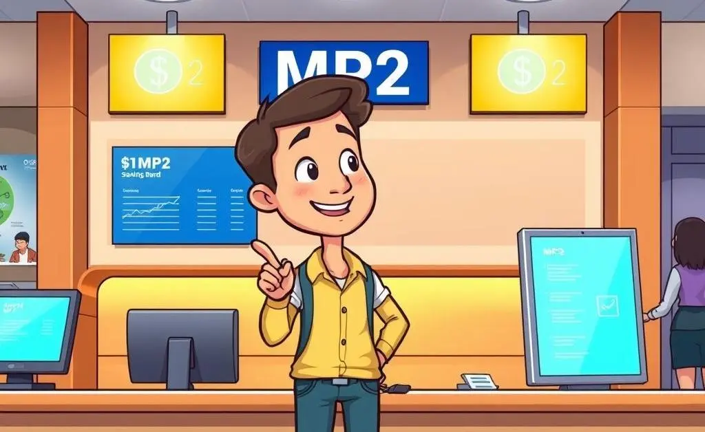 A cartoon illustration of a person at a bank counter discussing an MP2 withdrawal.