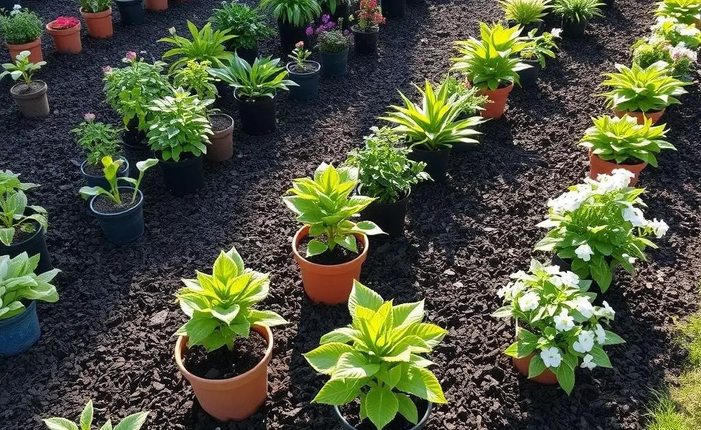 A mulching zone with various container plants arranged neatly