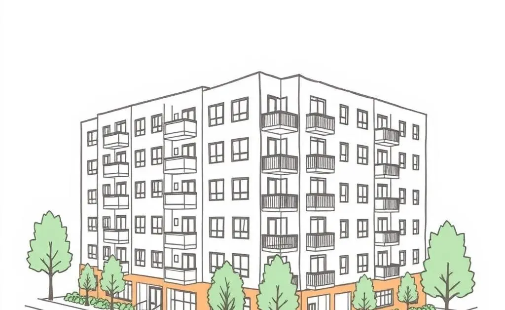 Hand-drawn illustration of a multifamily building, showing various units and amenities.
