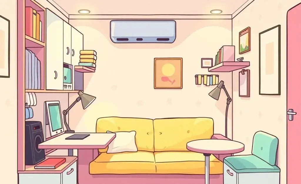 A cartoon-style image of multifunctional furniture in an organized small room.