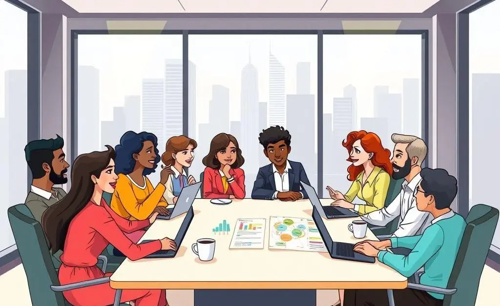 A diverse office meeting with people from different nationalities.