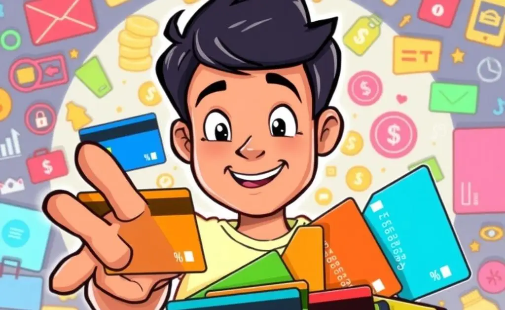 A cartoon illustration of a person choosing among multiple credit card options
