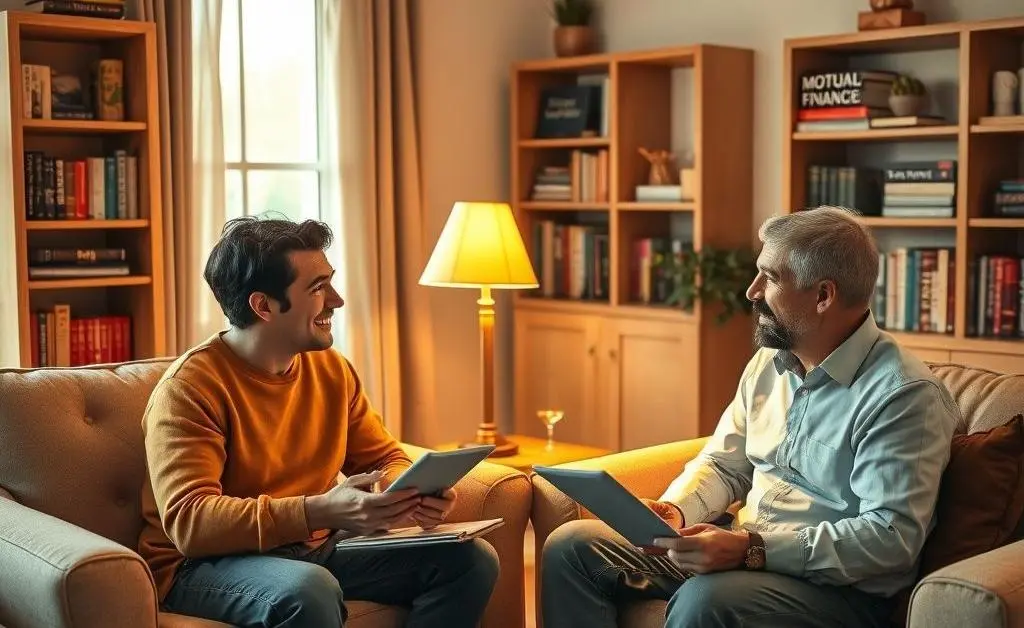 Two friends having a conversation about mutual fund investments in a cozy setting.